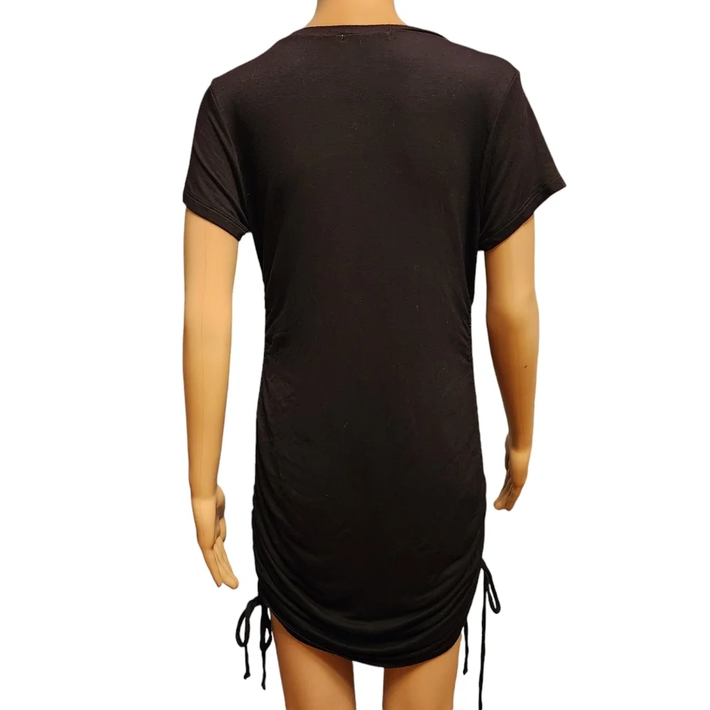 Black Short Sleeve Stretchy Mini Dress with Rouched Sides - Picture 5 of 9